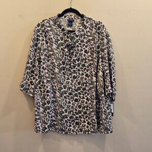 NWT Women's Doncaster 100% Silk Hidden Button Up Blouse Green/Black/Pink  22W‎